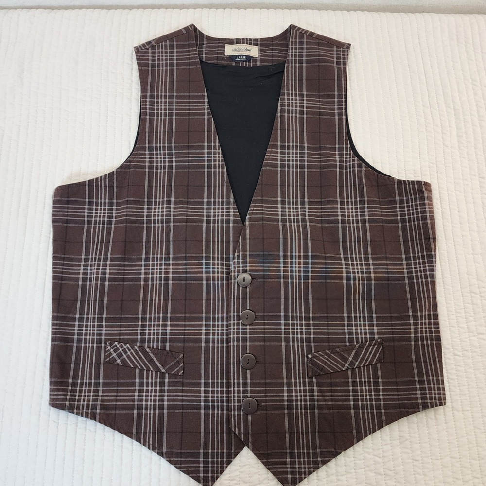 Anchor Blue Plaid Vest Men Large Brown Classic Button Front‎ Grunge Thrift-core
